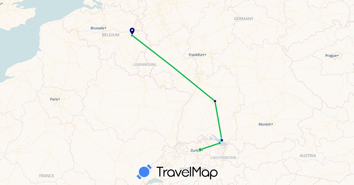 TravelMap itinerary: driving, bus, boat in Belgium, Switzerland, Germany (Europe)